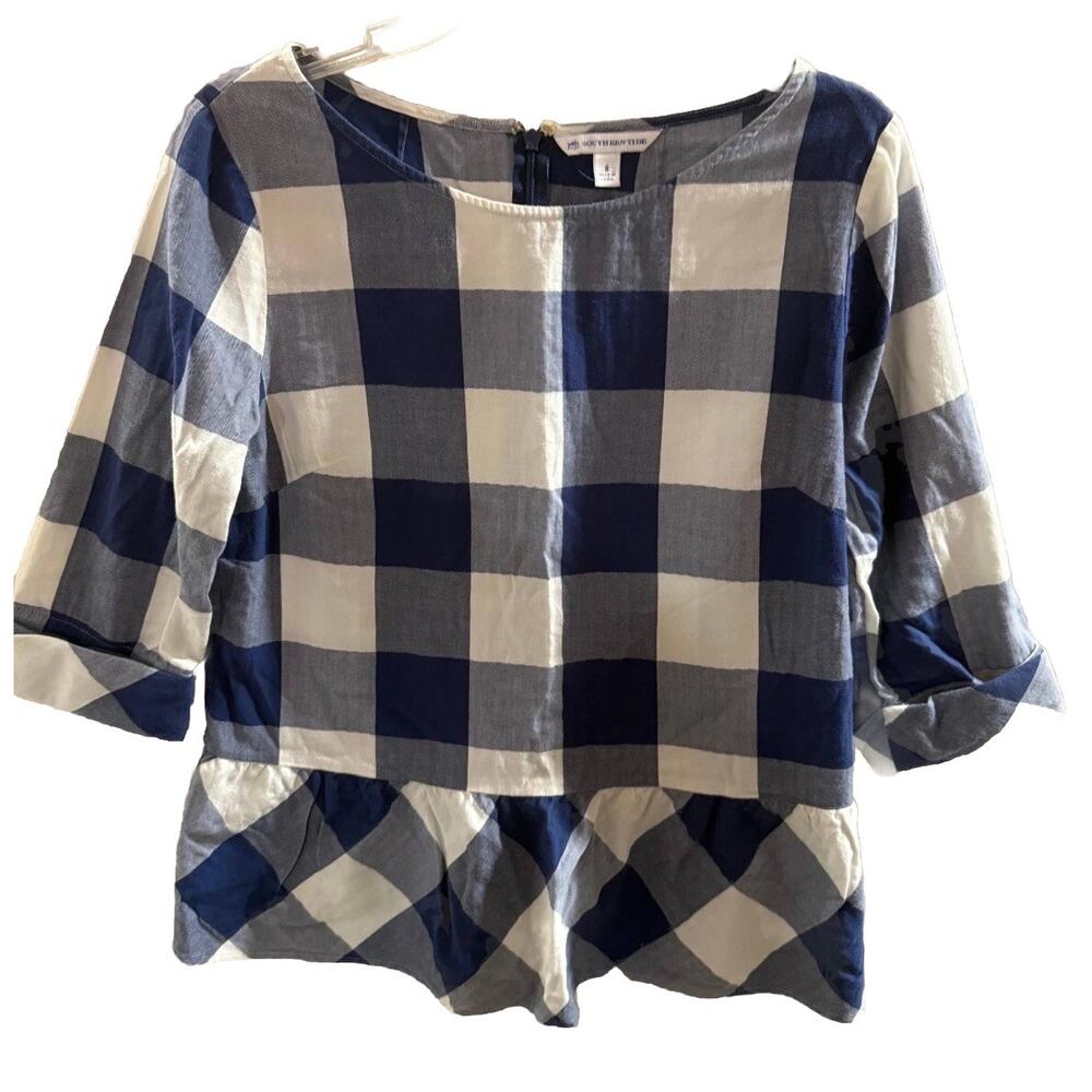 Southern Tide Blouse Womens 8 White Blue Plaid Drop Waist Long Sleeve Back Zip